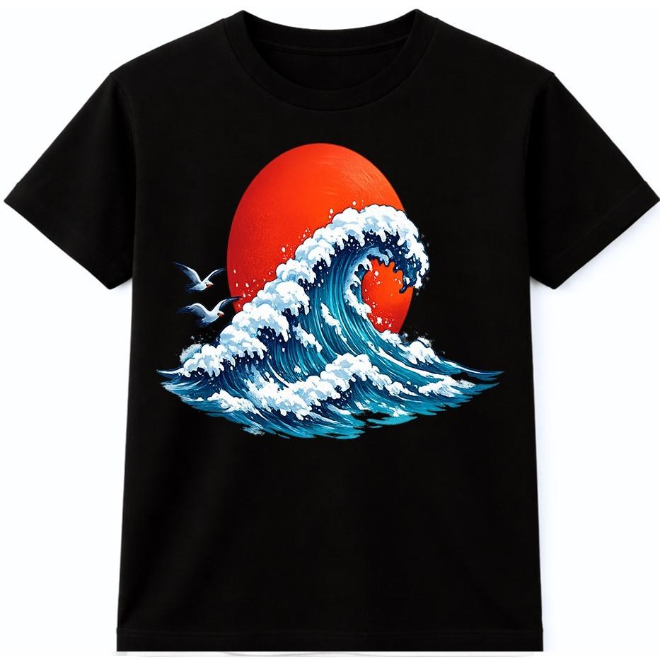 Japanese Great Wave Red Sun Ocean Sea Birds Nature Vintage Art Graphic Tee .