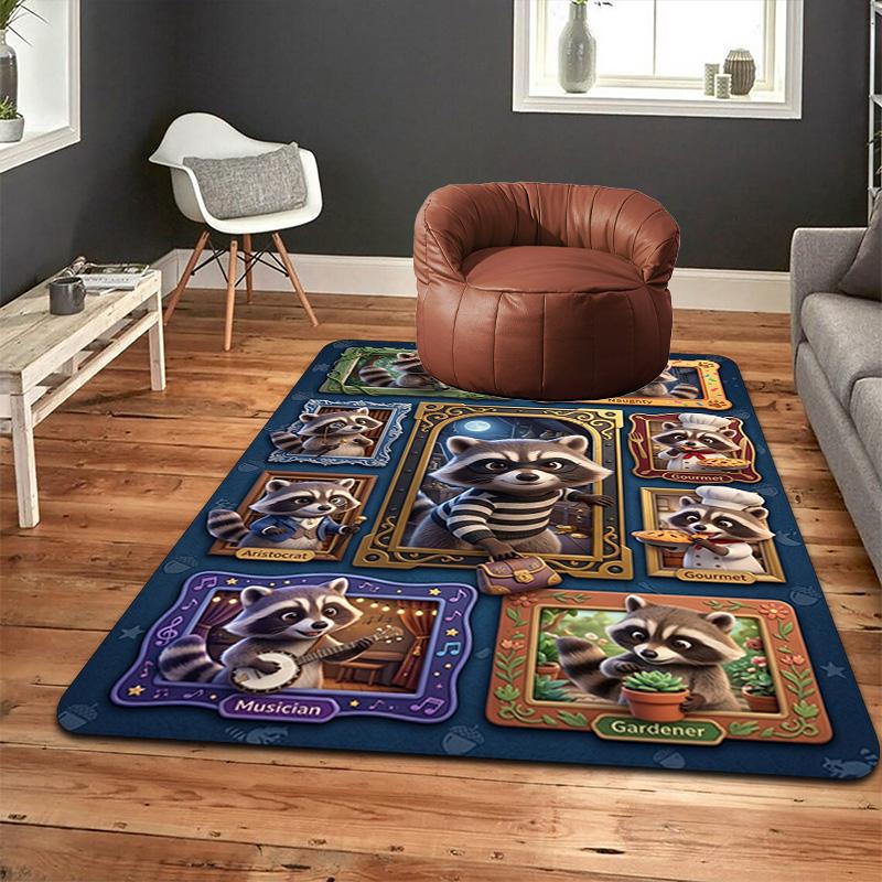Raccoon Adventures Frames Pattern Rug Floor Mat for Living Room or Bedroom Soft and Comfortable Carpet a Gift for Birthday and Holiday.