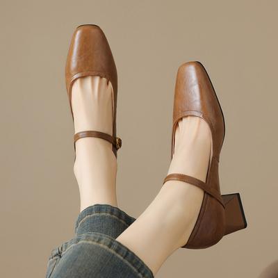 2025 Осень Новые Французские Туфли-лодочки Женская Обувь Каблук-рюмочка Ремешок Блочный Каблук Мэри Джейн Маленькая Обувь