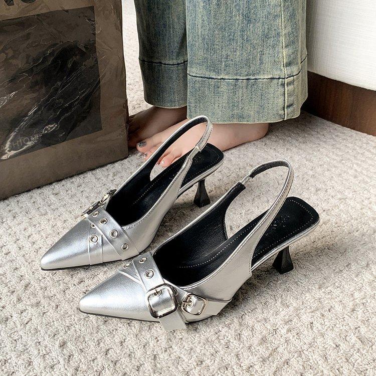 Popular pointed one-word buckle casual single shoes Internet celebrity versatile with skirt foreign style metal single shoes women's shoes