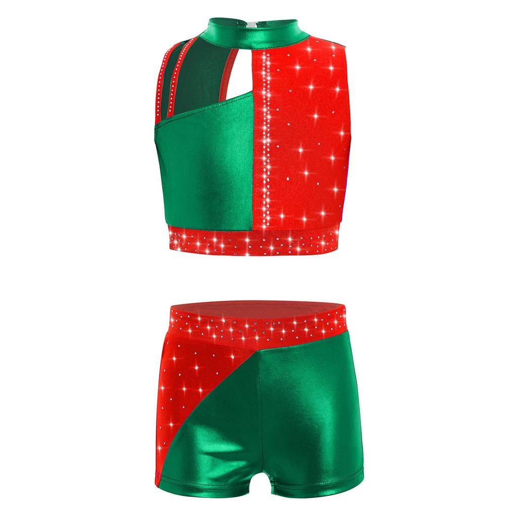 Girls Rhinestones Crop Top Mock Neck Sleeveless Metallic Color Block Shorts Dance Gymnastics Outfit