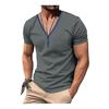 Men Summer T-shirt Short Sleeves Buttoned V Neck Contrasting Color Slim Fit Casual Pullover Mid Length Top for Outdoor Sport