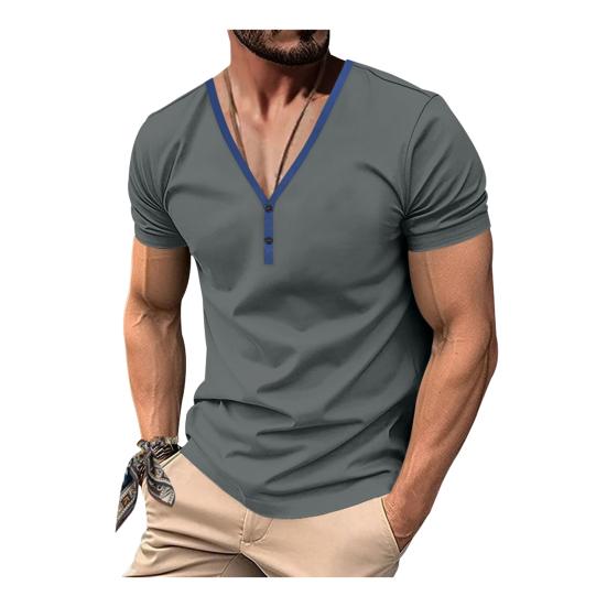 Men Summer T-shirt Short Sleeves Buttoned V Neck Contrasting Color Slim Fit Casual Pullover Mid Length Top for Outdoor Sport
