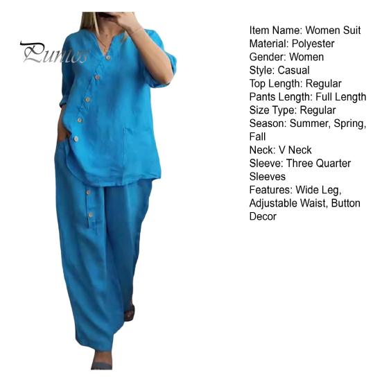 2 Pcs/Set Blouse Pants Set V Neck Button Decor Three Quarter Sleeves Top Wide Leg Loose Elastic Waist Trousers OL Commute Casual Homewear Outfit