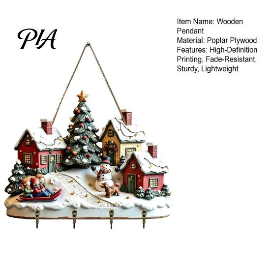 Christmas Village Inspired Decor Winter Wooden Wall Hanging, Snow House Snowman Plaque, 4 Hook Lightweight Ornament Mount Key Holder, Holiday Home Art