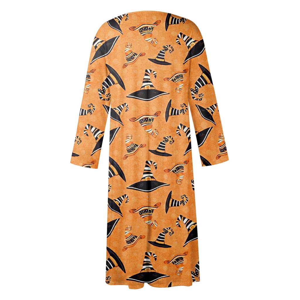 Women's Casual Crew-neck Halloween Print Mid-length Dress Long-sleeved Dress With Pocket