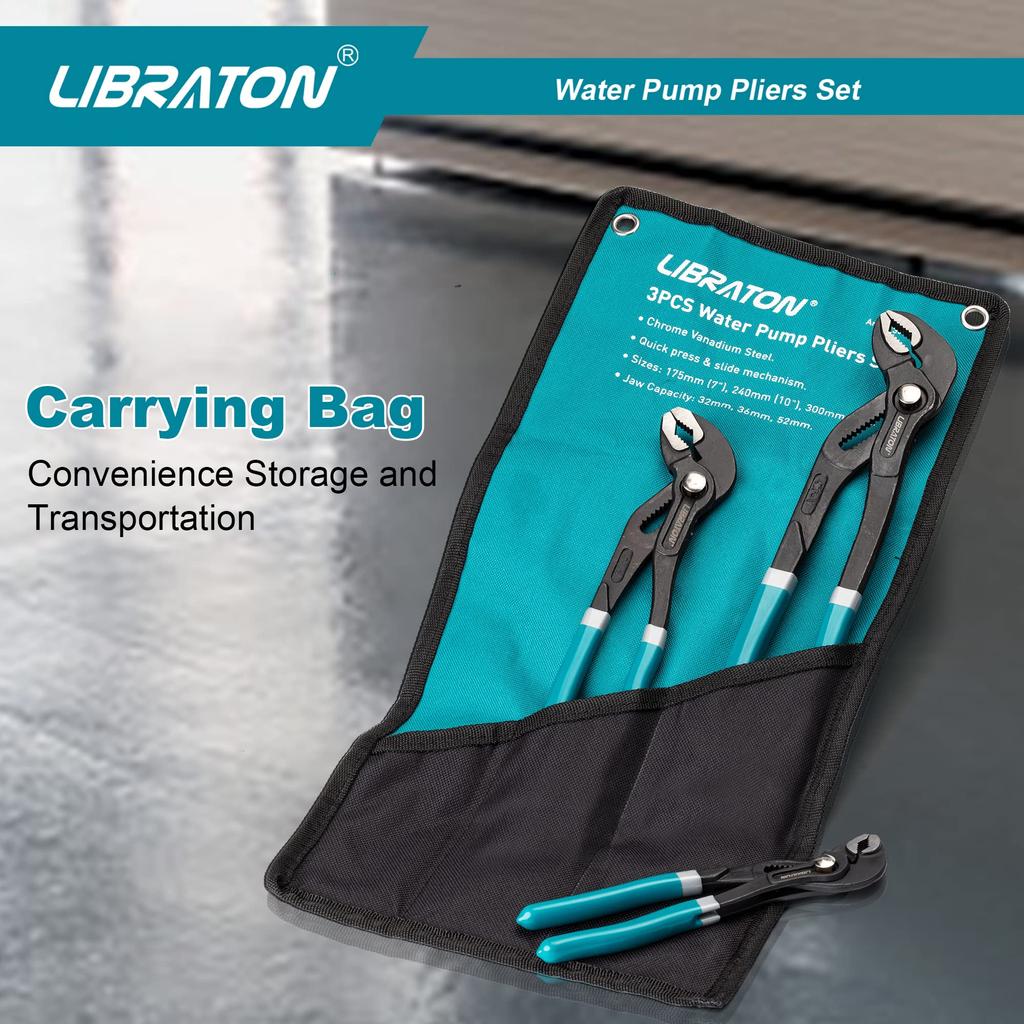 LIBRATON Water Pump Pliers Set of 3 175 240 300mm Steel Plier Wrench Plumbing Tool with Case CR-V