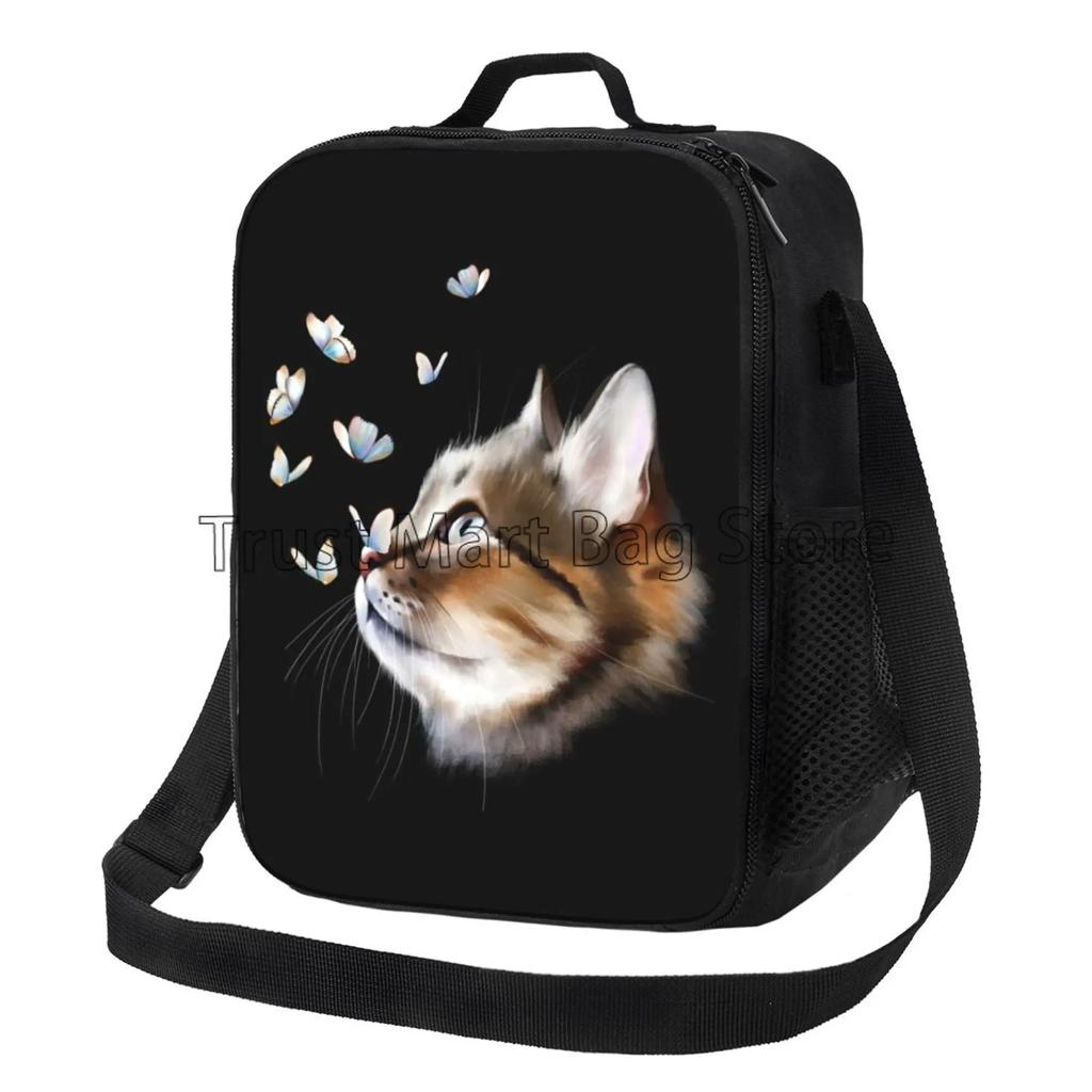 Портрет кота с бабочками, термосумка для ланча для школы, работы, пикника, пляжа, многоразовая термосумка-холодильник с плечевым ремнем