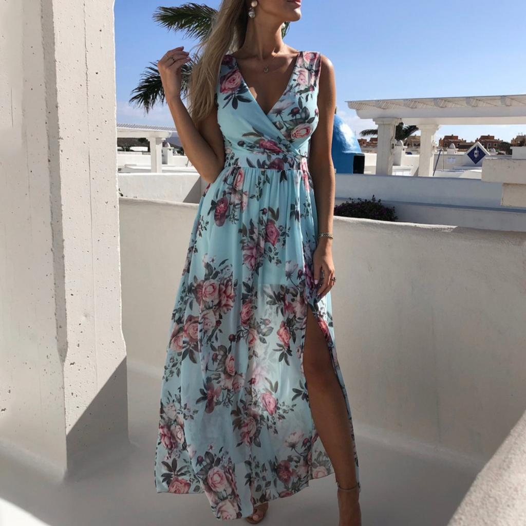 2025 Новое весенне-летнее печатное шифоновое платье без рукавов для отдыха на пляже с разрезом, длинное платье