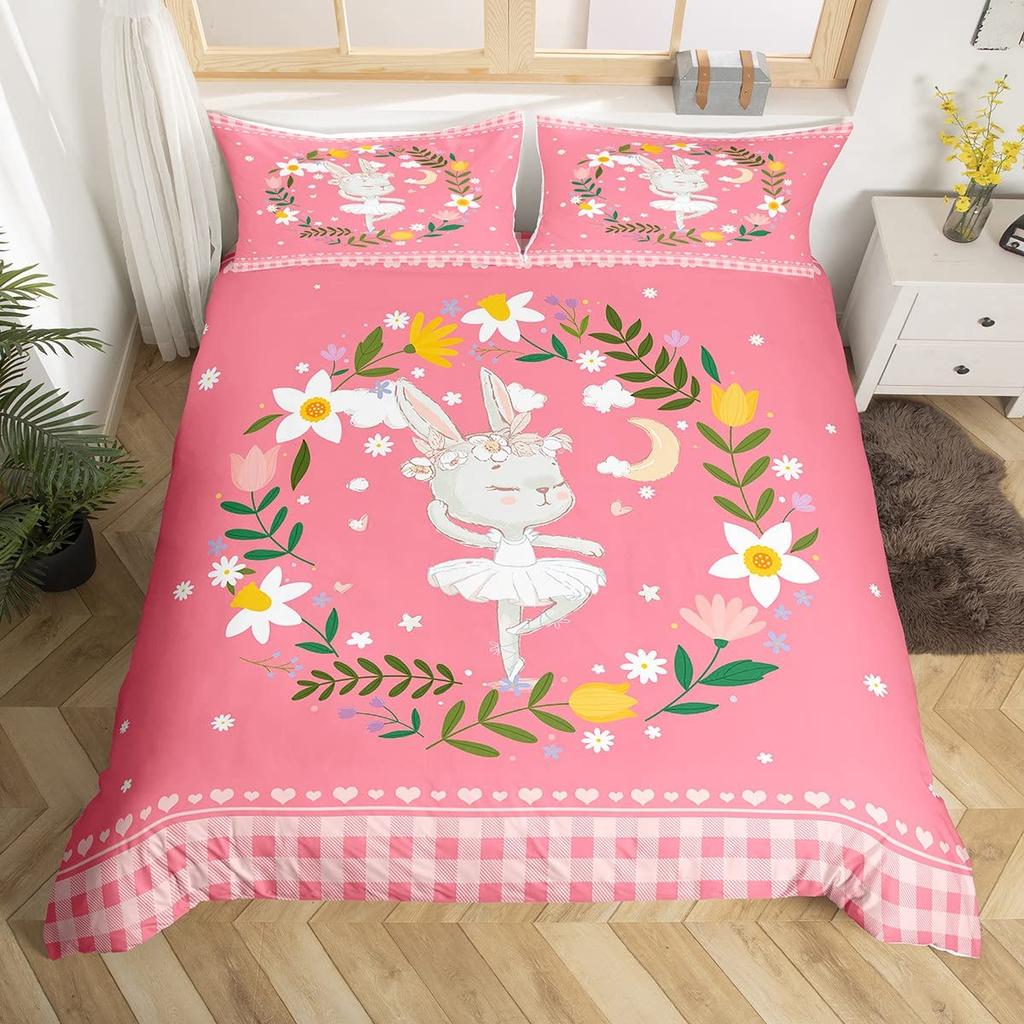 Comforter Kawaii Rabbit Cartoon Animal Bedding Set Geometry Grid Checkered Comforter Colorful Flowers Butterfly Bed Set