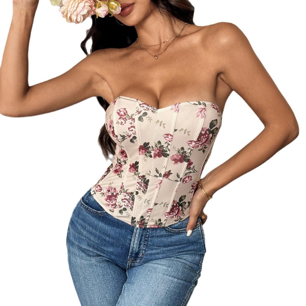 Women's Sexy Hottie Low Cut Backless Floral Wrap Diamond Fishbone Waist Tie Small Tank Top