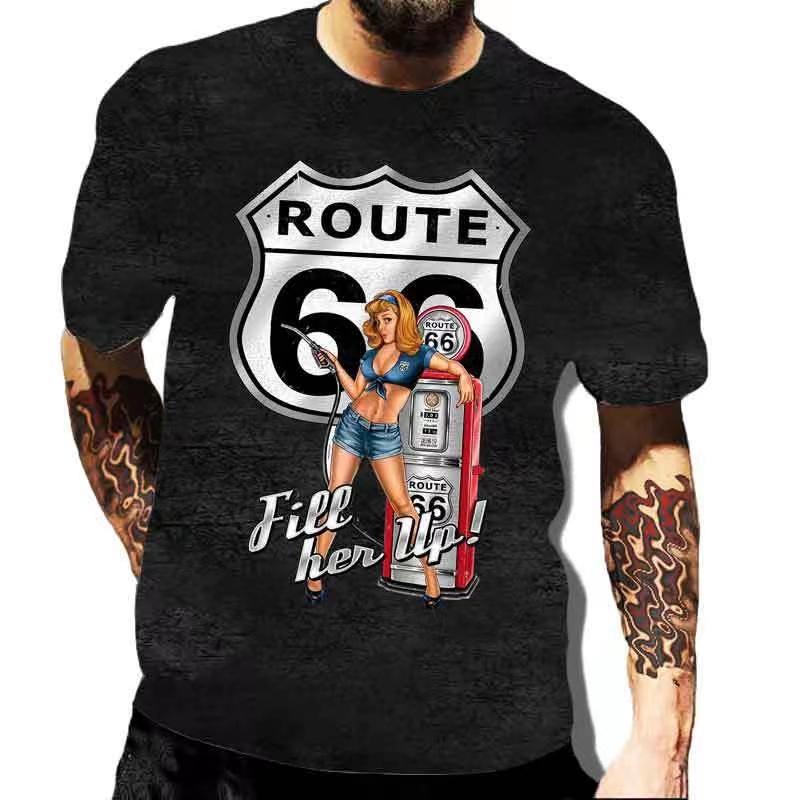 Summer T-Shirts for Men Short Sleeved Vintage Clothes Route 66 Graphic Top Casual O Neck Tee Oversized 3D Print T Shirt Pullover