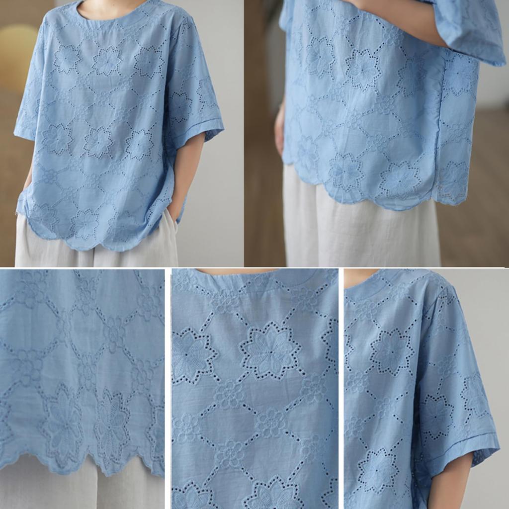 JoccKorr Короткий Ажурный Крупный Цветочный Свободный Однотонный Идеально для Женской Футболки, Блузки, Рукава, Хлопково-Льняной Рубашки, Размер, Принт, Пуловер, Посадка, Повседневный,