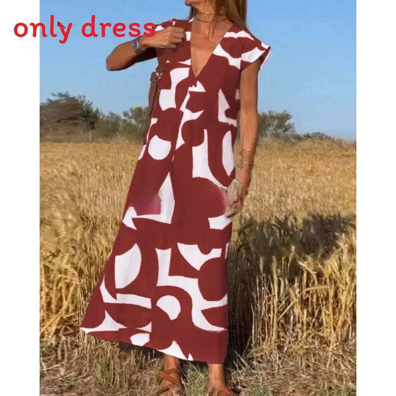 Summer Ladies A Line Dress With Geometric Print And V Neck For Casual Wear