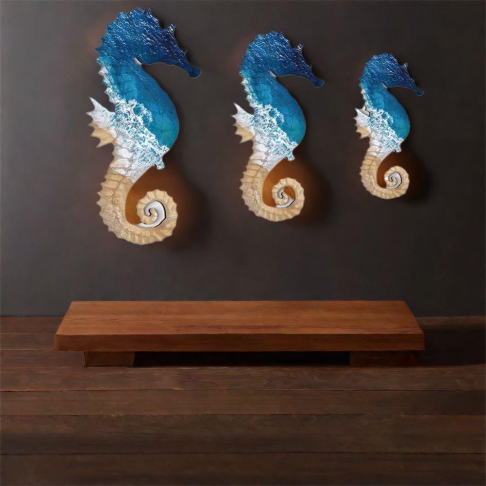3pcs Wooden Seahorse Signs Pendant Hand Carved Ocean Animal Decoration For Living Room Bedroom Home