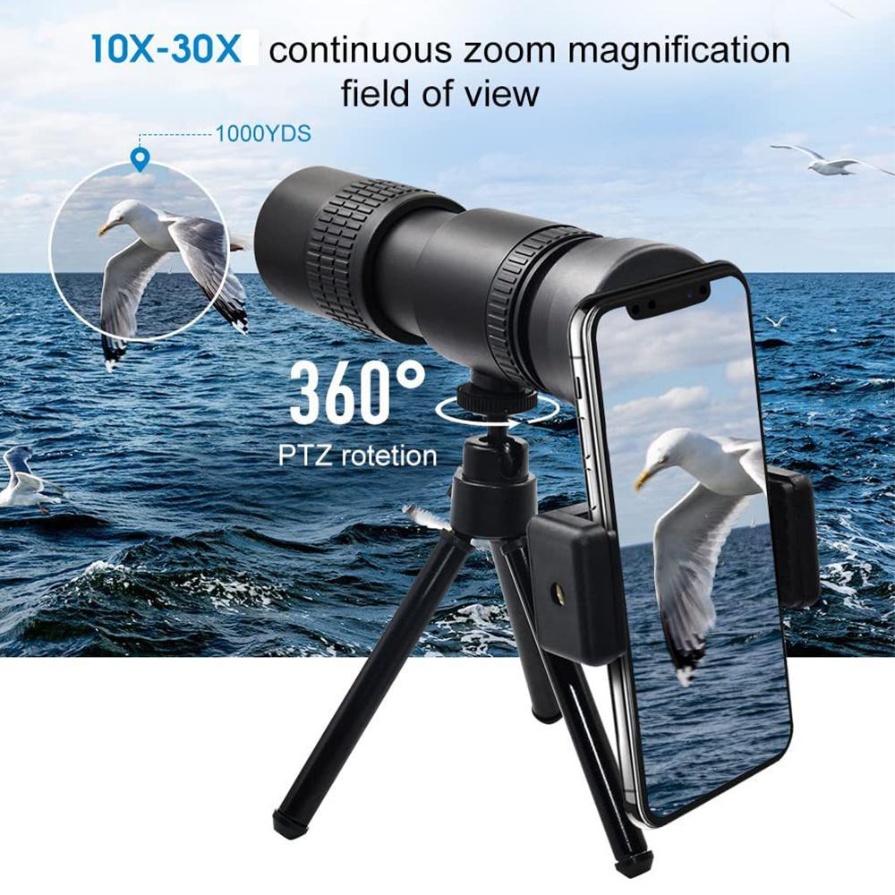 Портативный монокулярный телескоп Hd с зумом 10-30x30 со штативом и подставкой для телефона для кемпинга, охоты, туризма, осмотра достопримечательностей