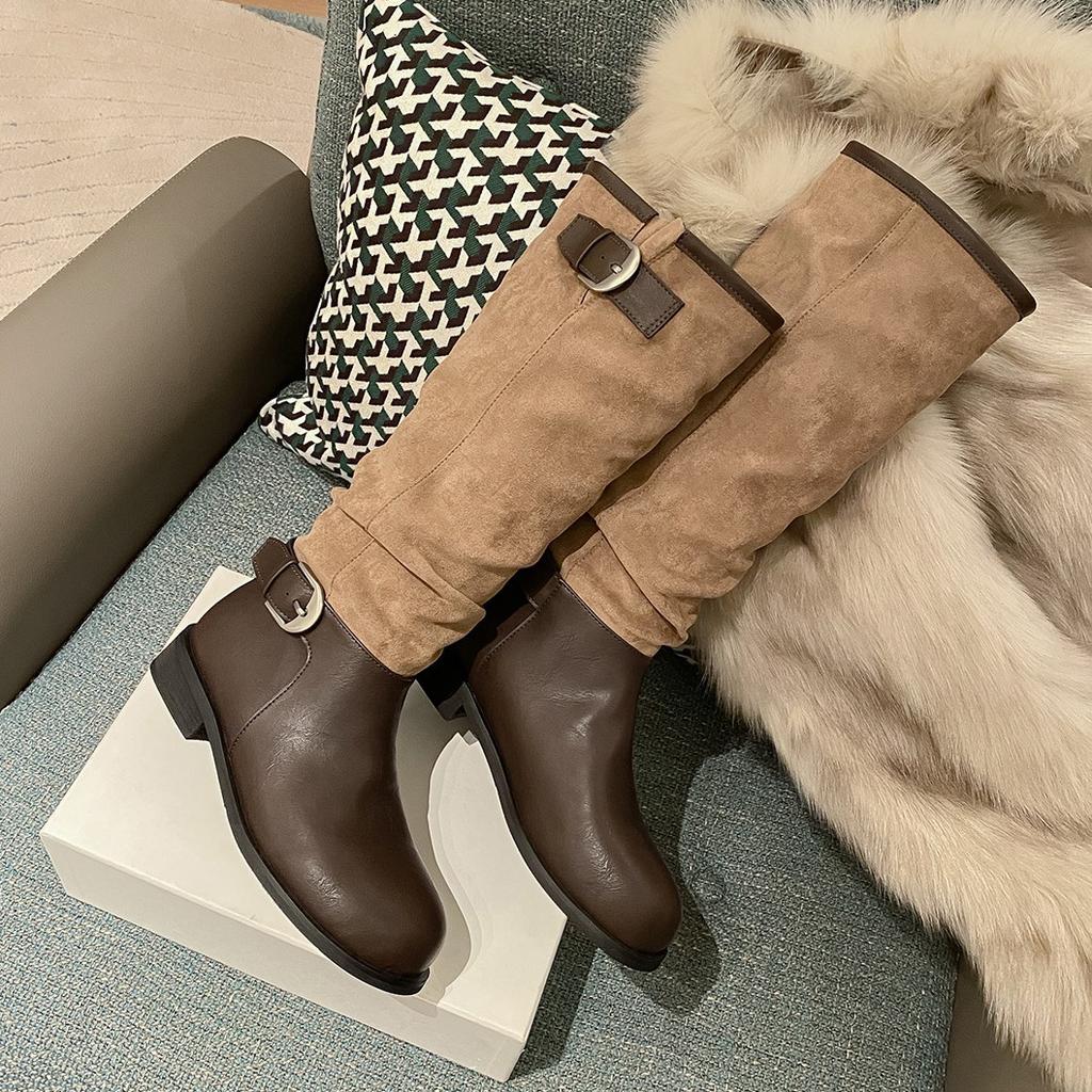 Ma Sichun same thick heel suede splicing knight boots women's boots 2025 autumn and winter belt buckle thin boots