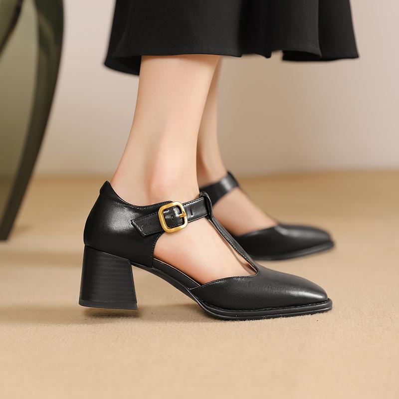 2024 Новые женские туфли-лодочки из натуральной кожи с Т-образным ремешком на толстом высоком каблуке, модные туфли с круглым носком, элегантные туфли-лодочки для офиса, женские туфли на каблуке