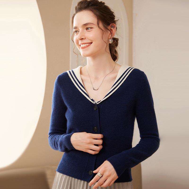 Women's Long Sleeve Color Block Cashmere Knit Cardigan - Thickened Navy Collar, Versatile, Soft, Warm for Autumn/Winter.