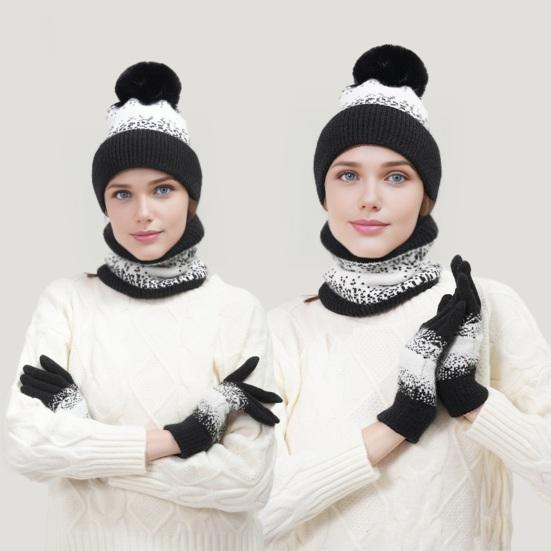 3Pcs/Set Winter Hat Scarf Gloves Set Plush Ball Decor Hat Thickened Plush Lining Neck Gaiter Touch Screen Gloves Set