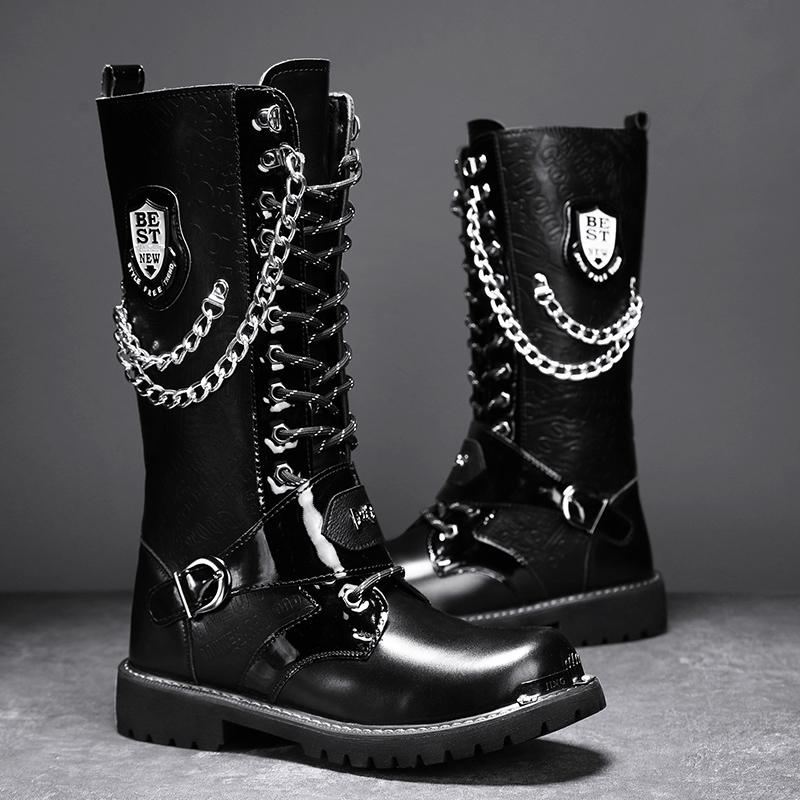 Fashion Motorcycle High Ankle Boots Men Casual Footwear High Top Punk Leather Boots for Men Winter Stylish Men Motorcycle Boot Big Size