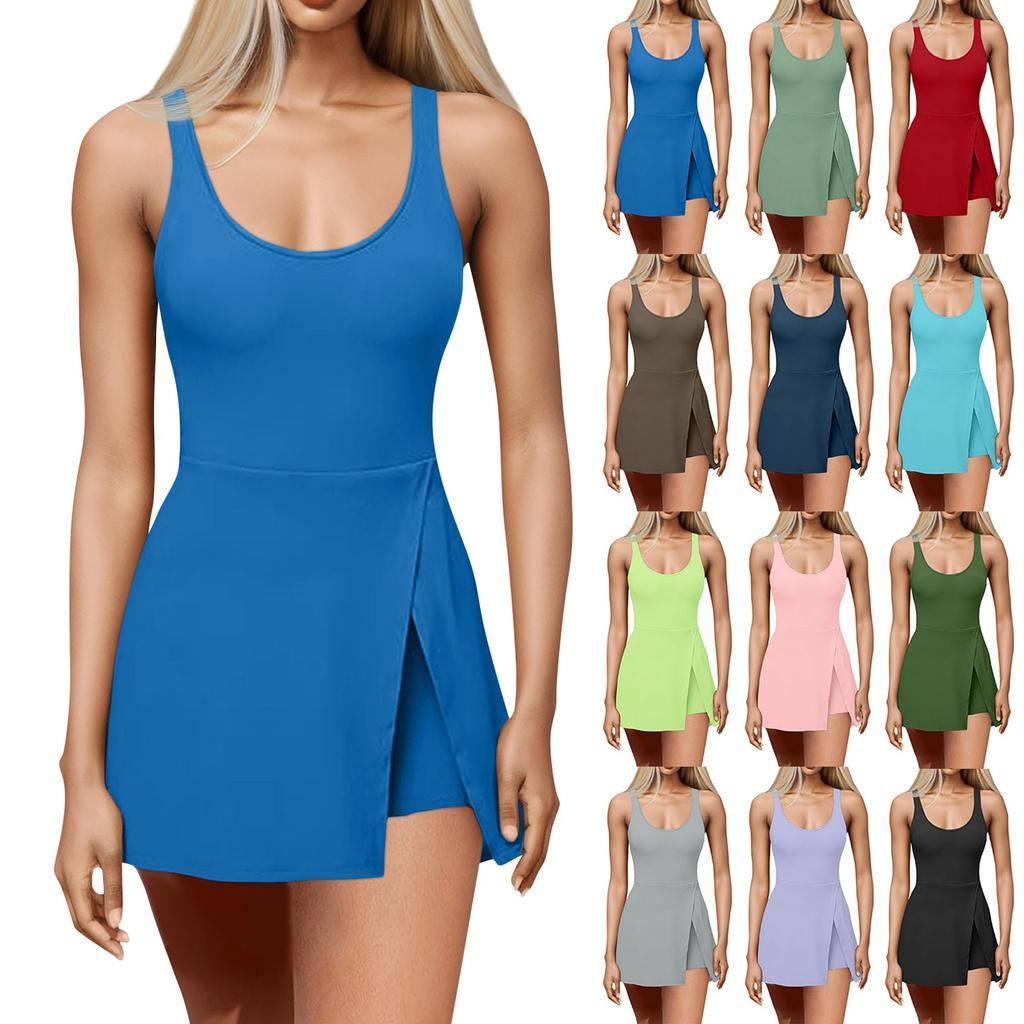 Теннисный комбинезон для женщин, однотонный спортивный комбинезон с U-образным вырезом, шортами со встроенными шортами и бюстгальтером для комбинезона без рукавов с боковыми разрезами