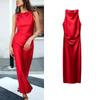 Spring Red New Style Evening Dress Vest Long Dress French Silk Satin Texture Midi Skirt Dress 8372090