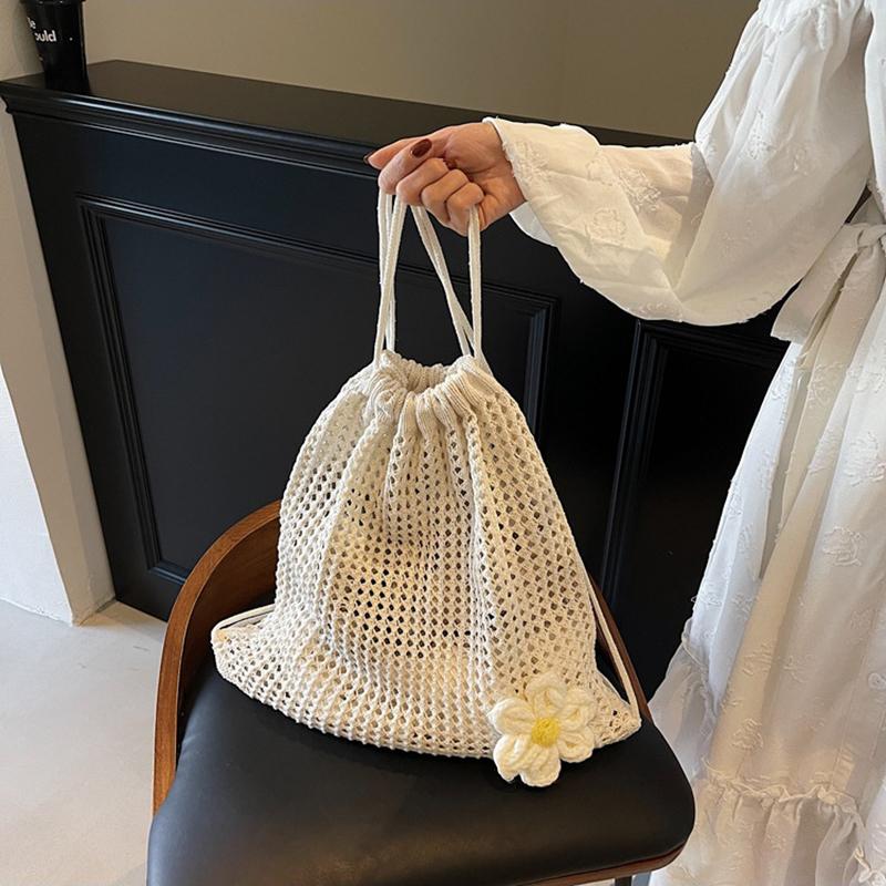 Yogodlns Модная однотонная вязаная крючком сумка на плечо с цветочным декором, плетеная женская пляжная праздничная сумка-ведро с выемкой, большая вместимость, рюкзак
