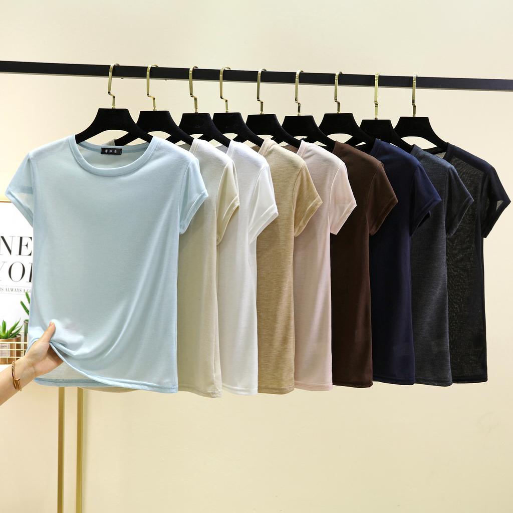 O-Neck Short Sleeve Tshirts Slim Fit Solid Color Summer Thin T-shirt Woman Bottomed Tee Tops All Match