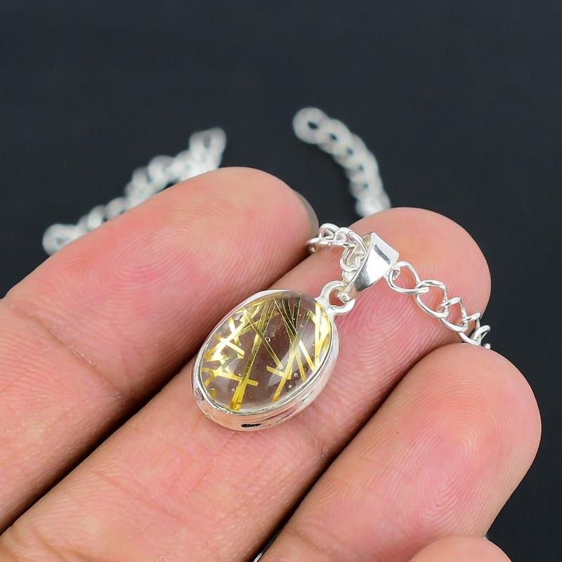 Золотистый рутил 10x14 Подвеска на цепочке с замком S Ручной работы Тонко полированная подвеска из стерлингового серебра 925 пробы с современным дизайном Подарок на свадьбу для невесты