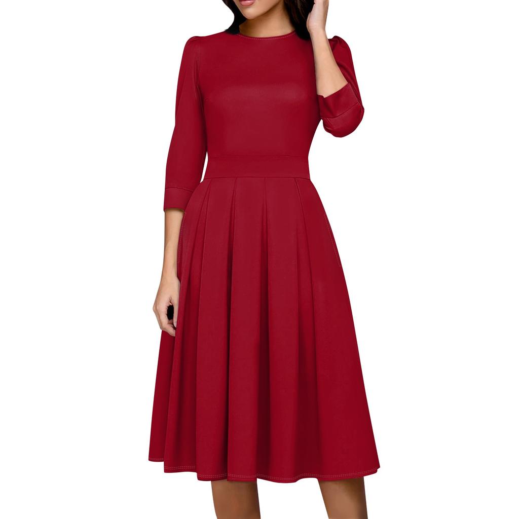 Women's Casual And Fashionable 3/4 Sleeve Pocket With Back Zipper Dress