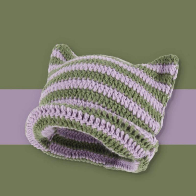 Осенне-зимняя шерстяная шапка в полоску с изображением японского дьявола, теплая вязаная шапка-пуловер с ушками кошки, зимняя шапка