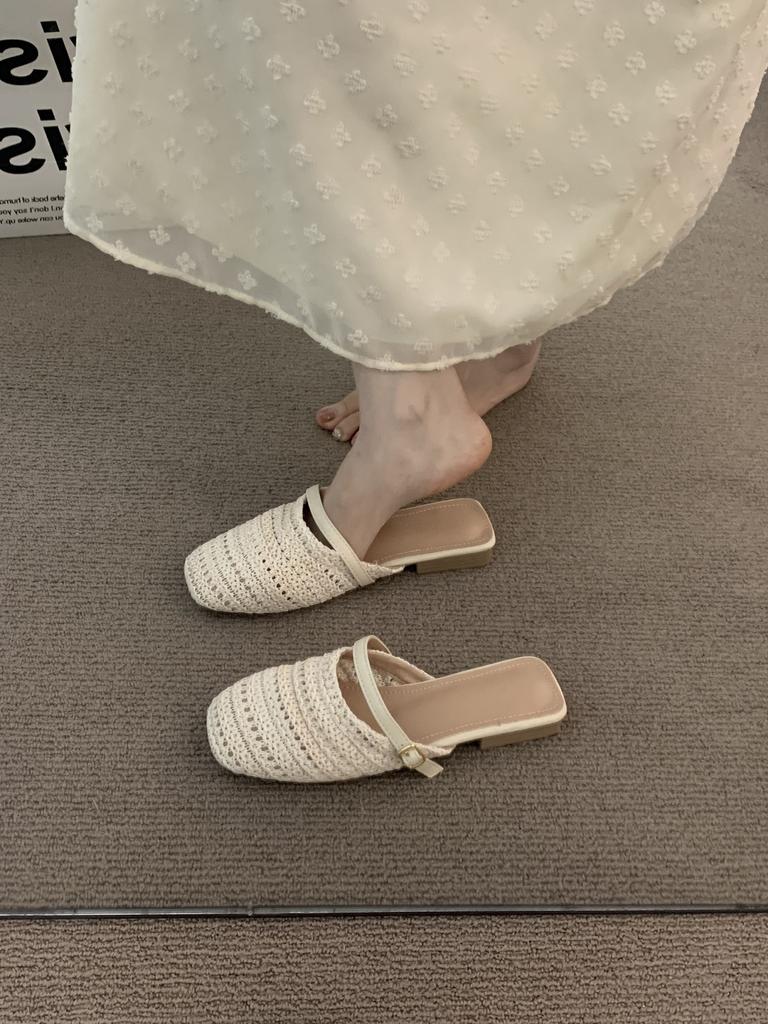 Evening Wind Flat Bottom Niche Woven Half Slippers Women's Outer Wear Spring and Summer Gentle Bag Head Cool Slippers