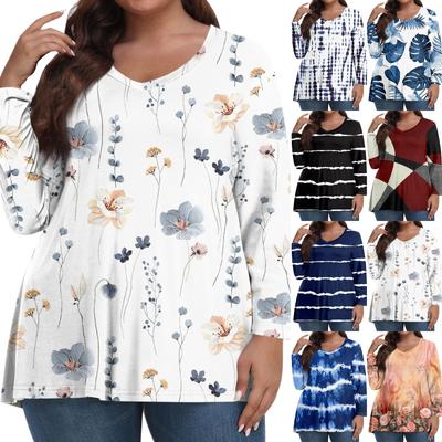 Женские топы больших размеров с длинным рукавом и принтом, рубашки с V-образным вырезом, повседневная одежда, топы