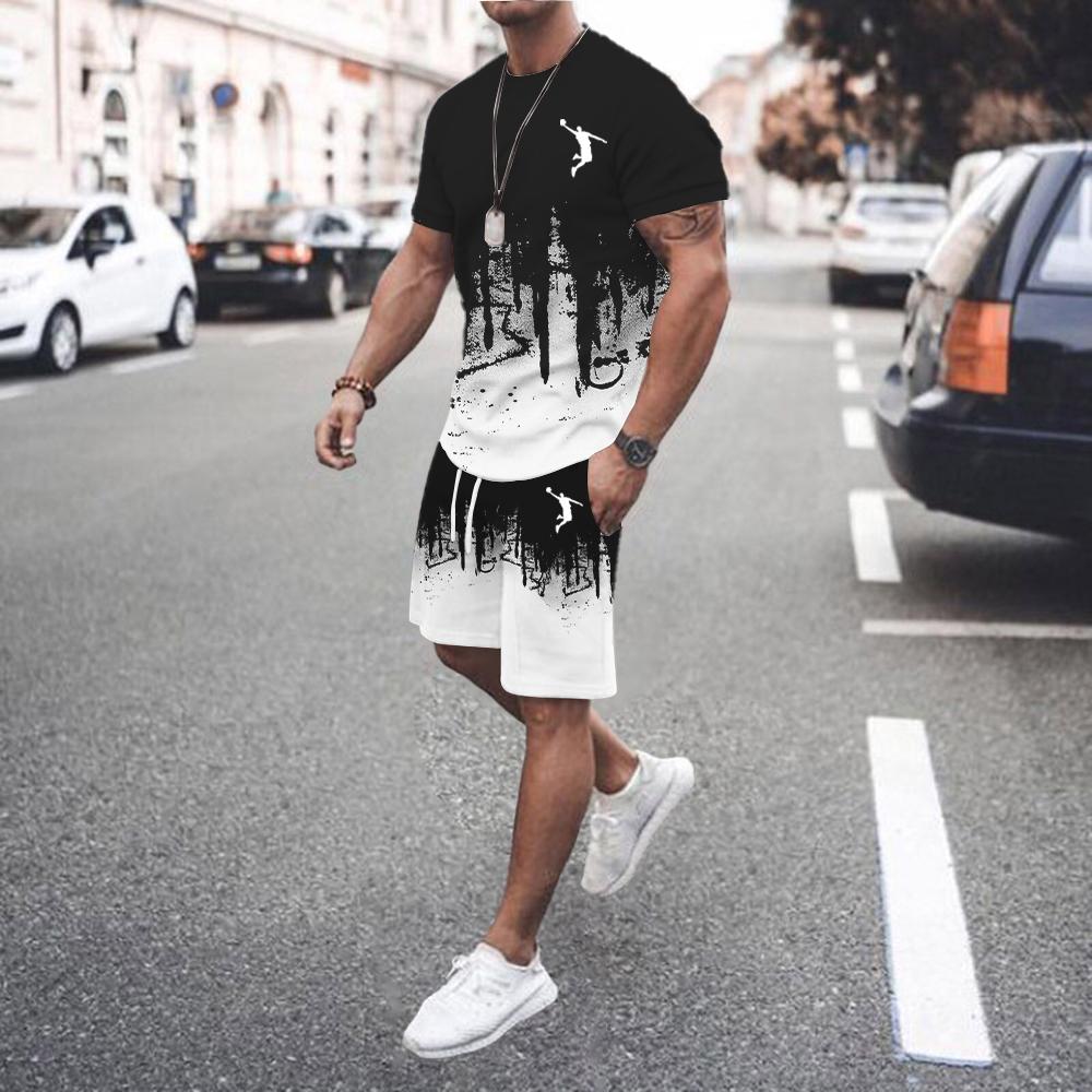 Лето 2024 года, популярный мужской комплект из футболки и шорт, мужской спортивный комплект с принтом для отдыха, модный комплект из футболки с коротким рукавом, мужской комплект для бега трусцой