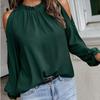 Long Sleeve Women Chiffon Blouse Off Shoulder Stand Collar Fashion Green Lady Tops Ruffle Casual Shirts Womens Clothing 24406