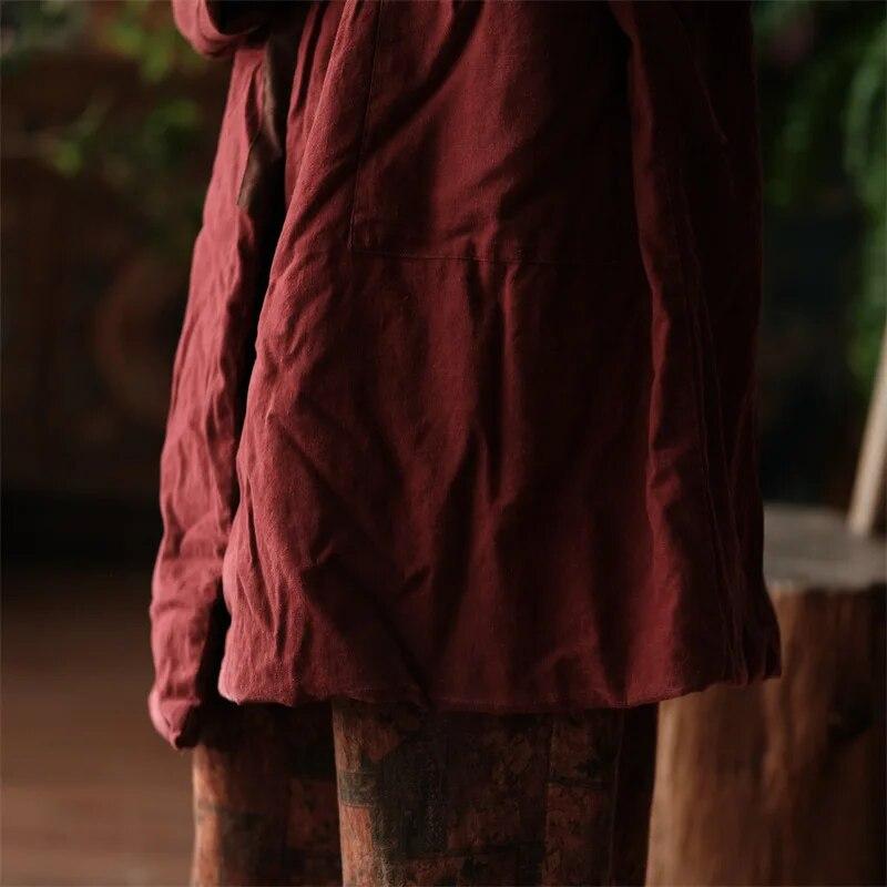 Johnature Women Chinese Style Stand Winter Parkas Solid Color Patchwork Pockets Coats Long Sleeve Button Vintage Parkas