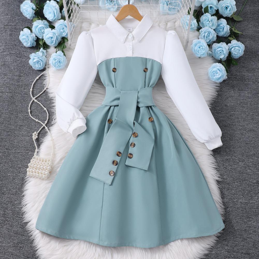 Платье с длинным рукавом для девочек 8-12 лет, осенне-зимнее, пэчворк, модное, контрастных цветов, минималистичное