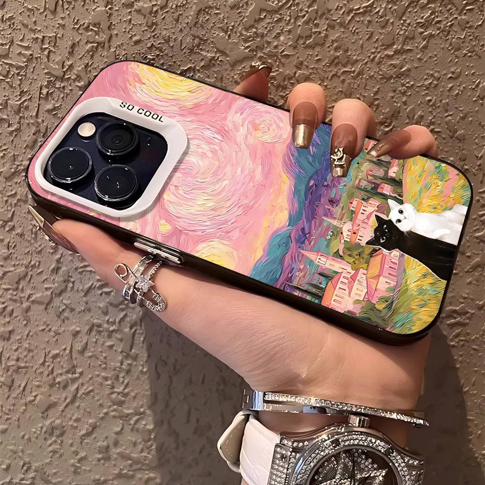 Black Cat Van Gogh Phone Case For IPhone 17 16 15 14 11 12 13 Pro Max Plus Pro Colored Silver Cover
