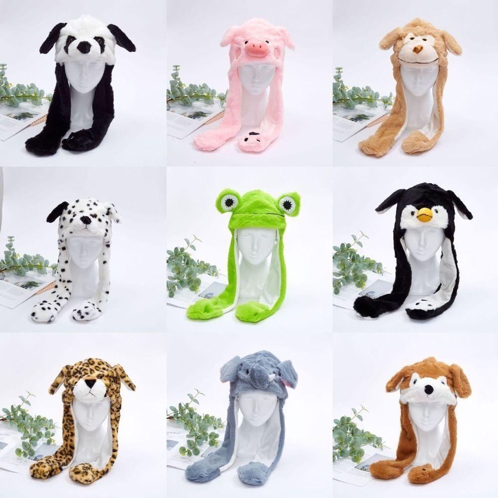 Animal Shape Ear Moving Hat Panda Tiger Monkey Plush Hat Toys Funny Jumping Up Cap  Kids Adults