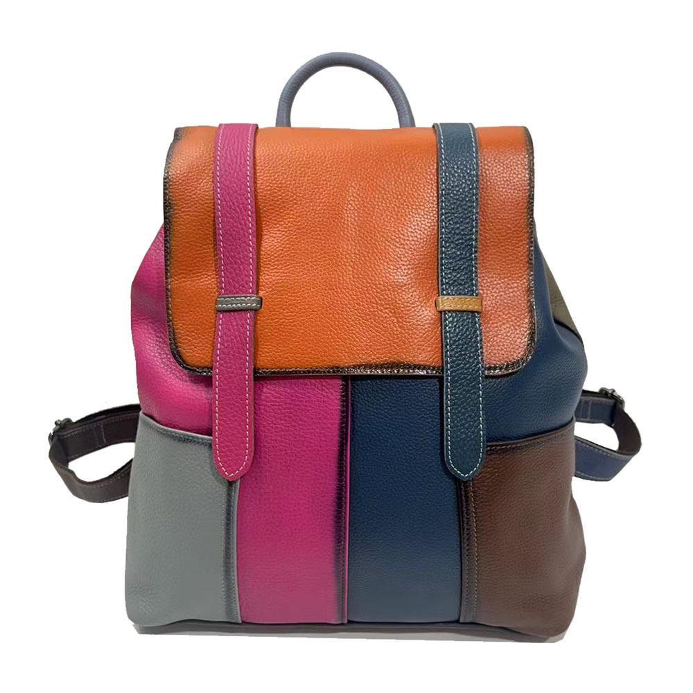 Women'S Casual Backpack First Layer Cowhide Large Bag Retro Color Matching Women'S Bag Genuine Leather Backpack Backpack