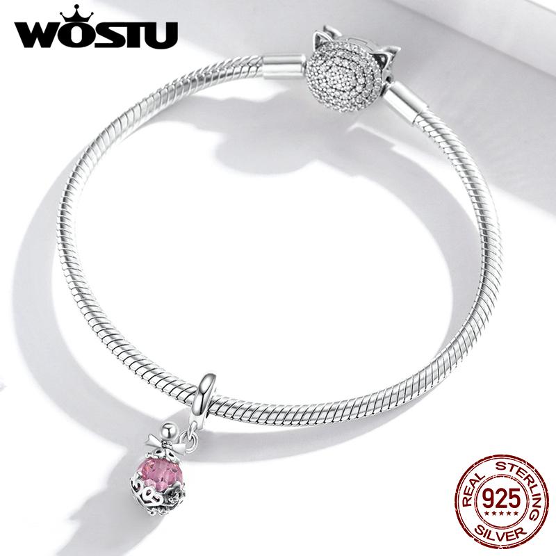 WOSTU 925 Sterling Silver Shiny Pink Cubic Zirconia Retro Patterns Perfume Bottle Charm Pendant for Original 3mm Bracelets & Necklaces