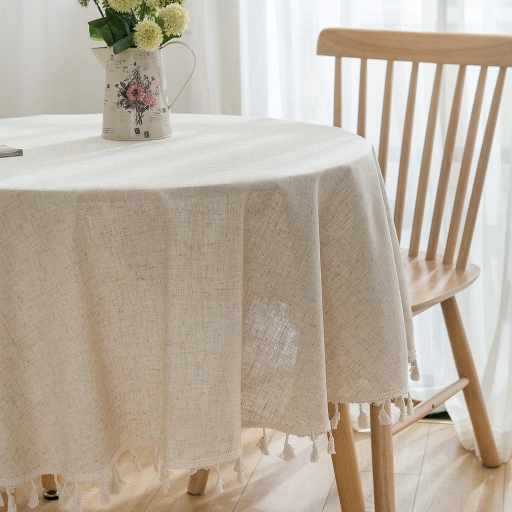 Plain Tablecloth with Fringed Round Table Dining Table Household Round Suitable for Holiday Dining Rooms, Living Rooms, Family Gatherings