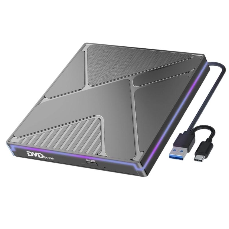 External Disc Drive with Color Lighting USB3.0 and Type C Port Fast Speed 24X Burning Reader Wide Compatibility