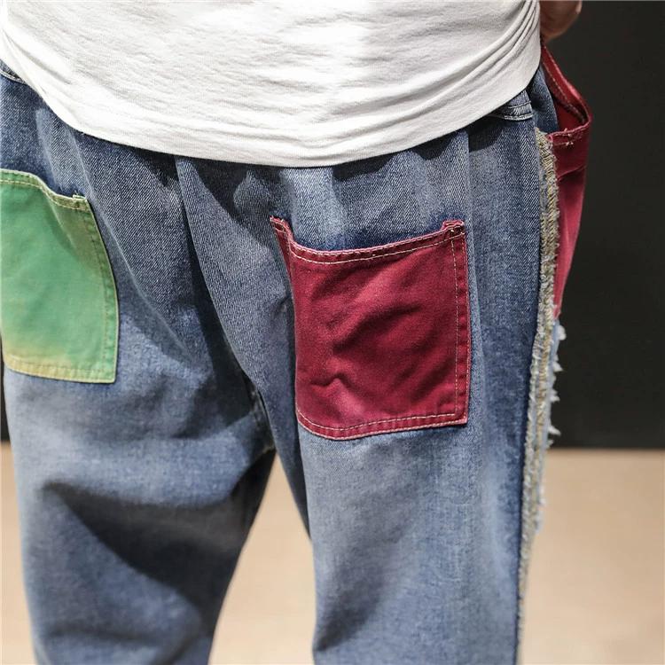 Мужские уличные брюки, модные лоскутные джинсы, Ropa Hombre, повседневные джинсовые брюки