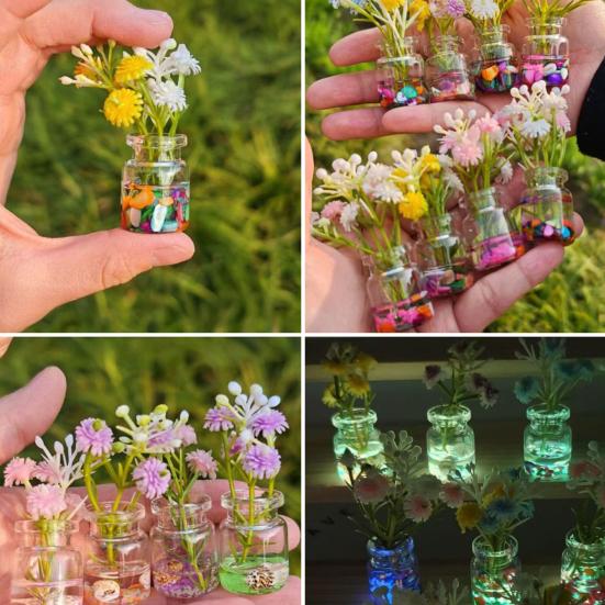 Набор из 4 мини-стеклянных ваз Искусственные цветы в стеклянных вазах Светятся в темноте Цветочные вазы для украшения рабочего стола, приборной панели автомобиля