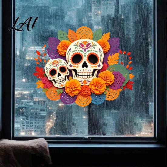 Halloween Party Decor Day of The Dead Window Static Sticker Flower Skull Decorative PVC Waterproof Vinyl Graphics Decals Glass Clings for