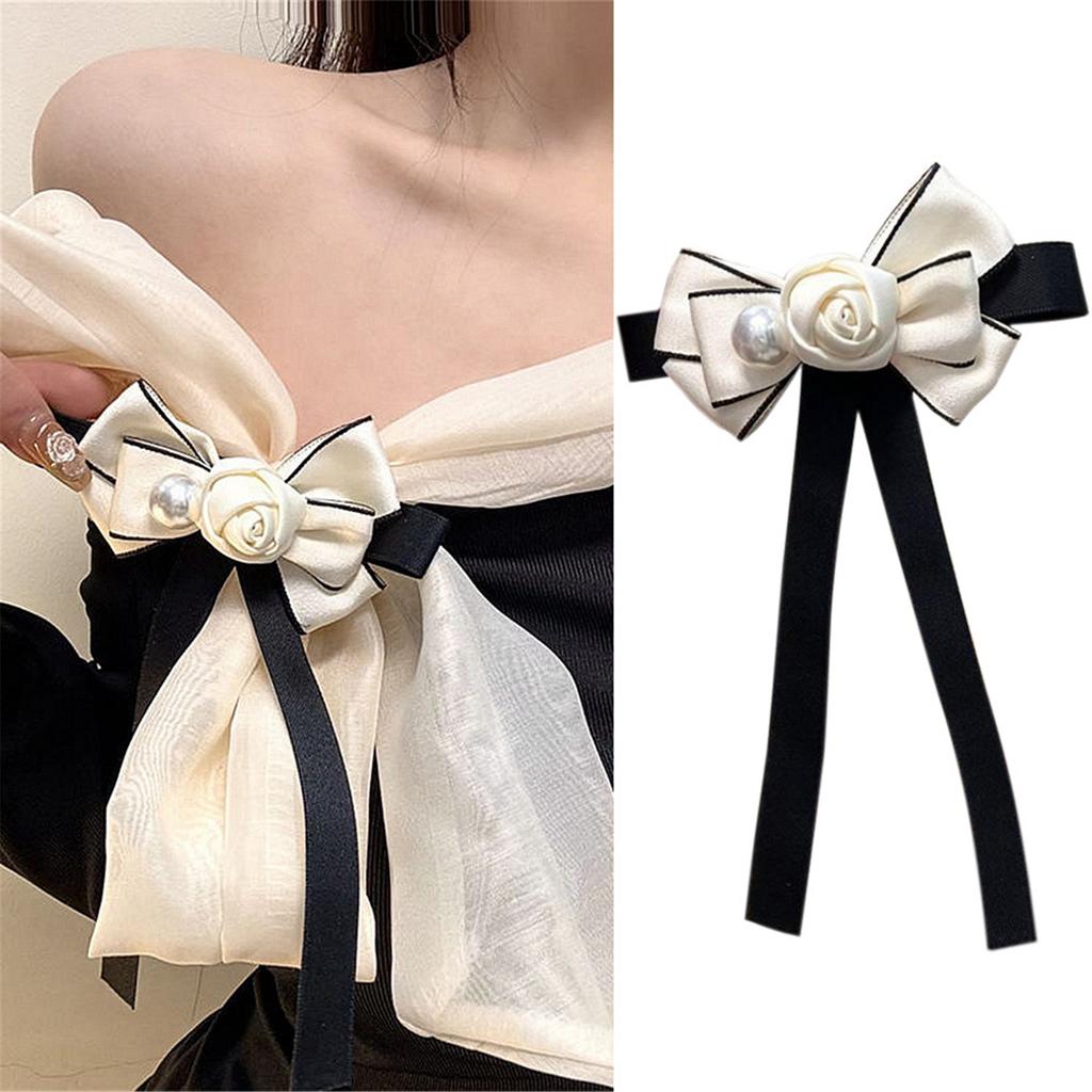 Women Girls Vintage Camellia Pearls Ribbon Bows Tie Brooch Pin Elegant Preppy Uniform Pre Tied Bowknot Corsage Necktie