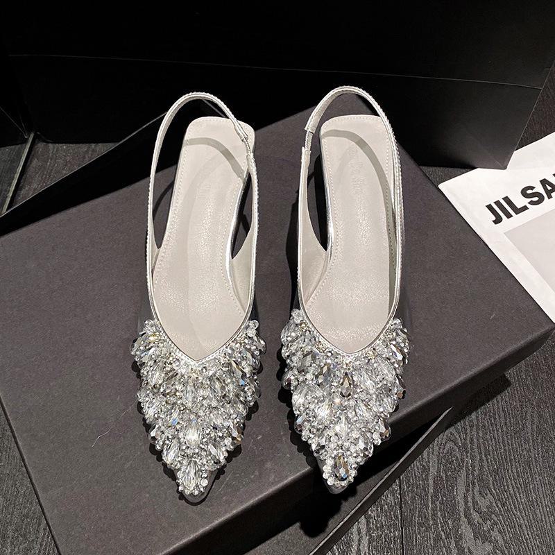 Женские босоножки с закрытым каблуком и острым носком, украшенные французскими стразами, 2024 г., большие размеры 41-43