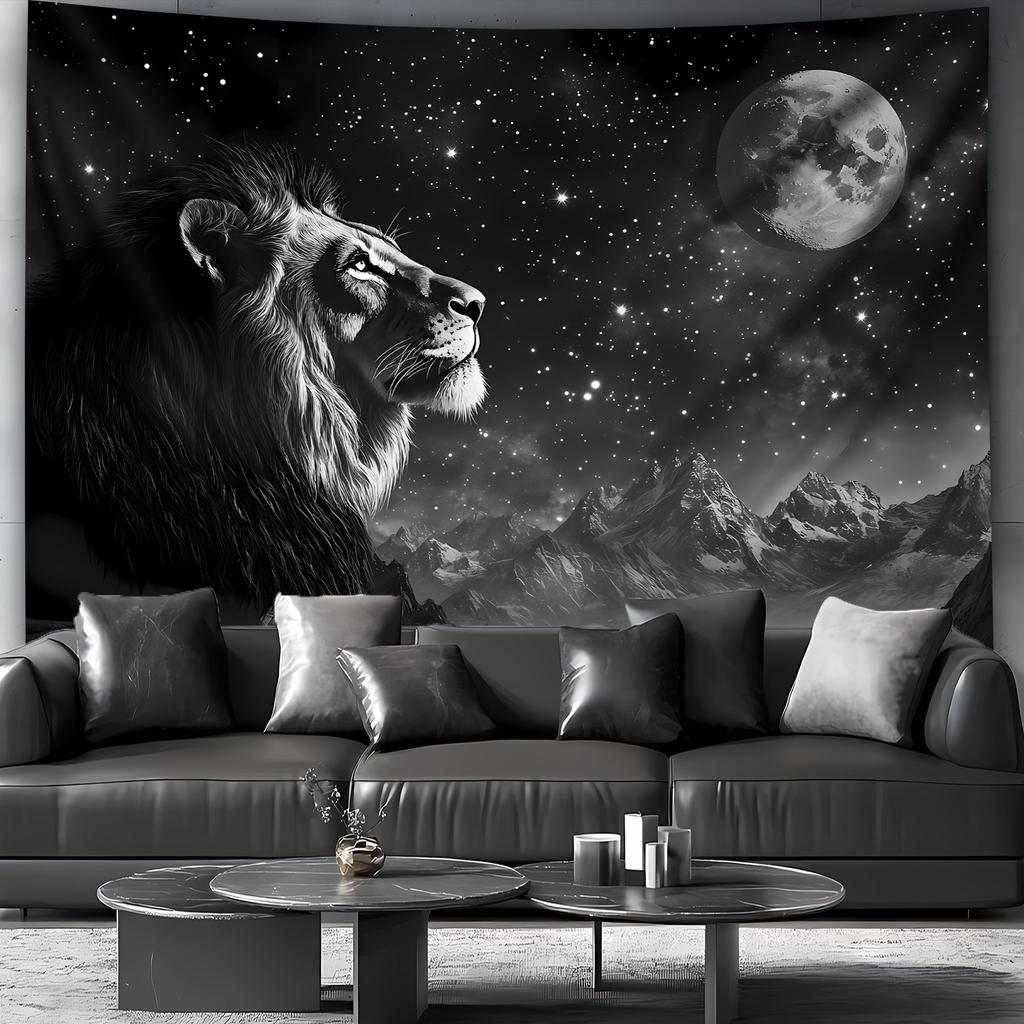Majestic Lion Starry Night Tapestry Wall Hanging Galaxy Moon Mountain Safari Decor Bohemian Jungle Animal Landscape Artwork Room